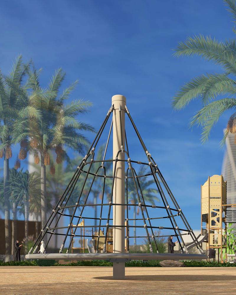 Cone Climber with nets for playgrounds, with a tropical hot climate background and sand as surfacing.